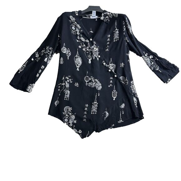 Soft Surroundings Womens Tunic Top M Asymmetrical Black Lantern Print Rayon Boho - Picture 9 of 15